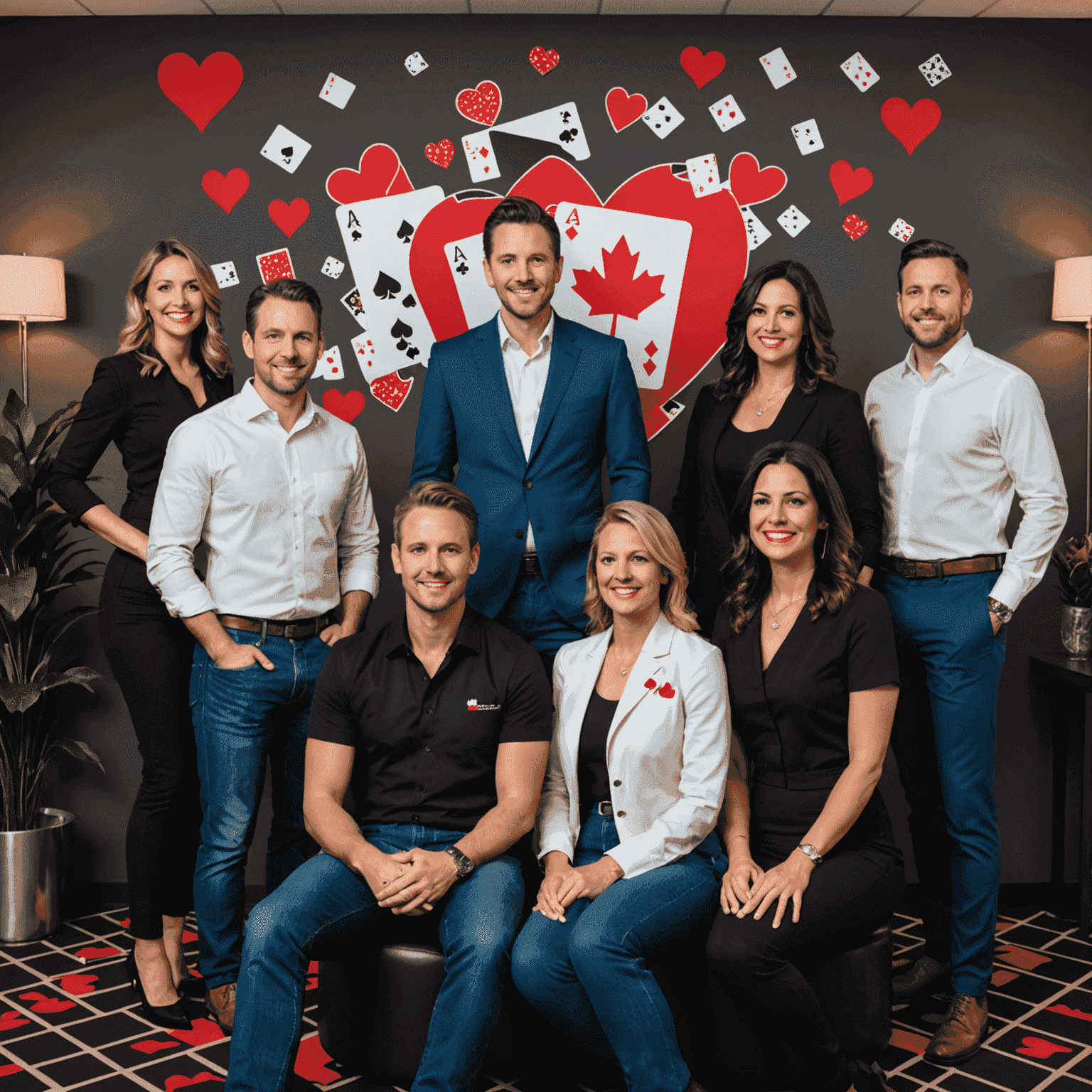 The CasinoGlowPlay team in their Canadian office, a diverse group of professionals standing in front of a wall decorated with playing card suits and casino game icons