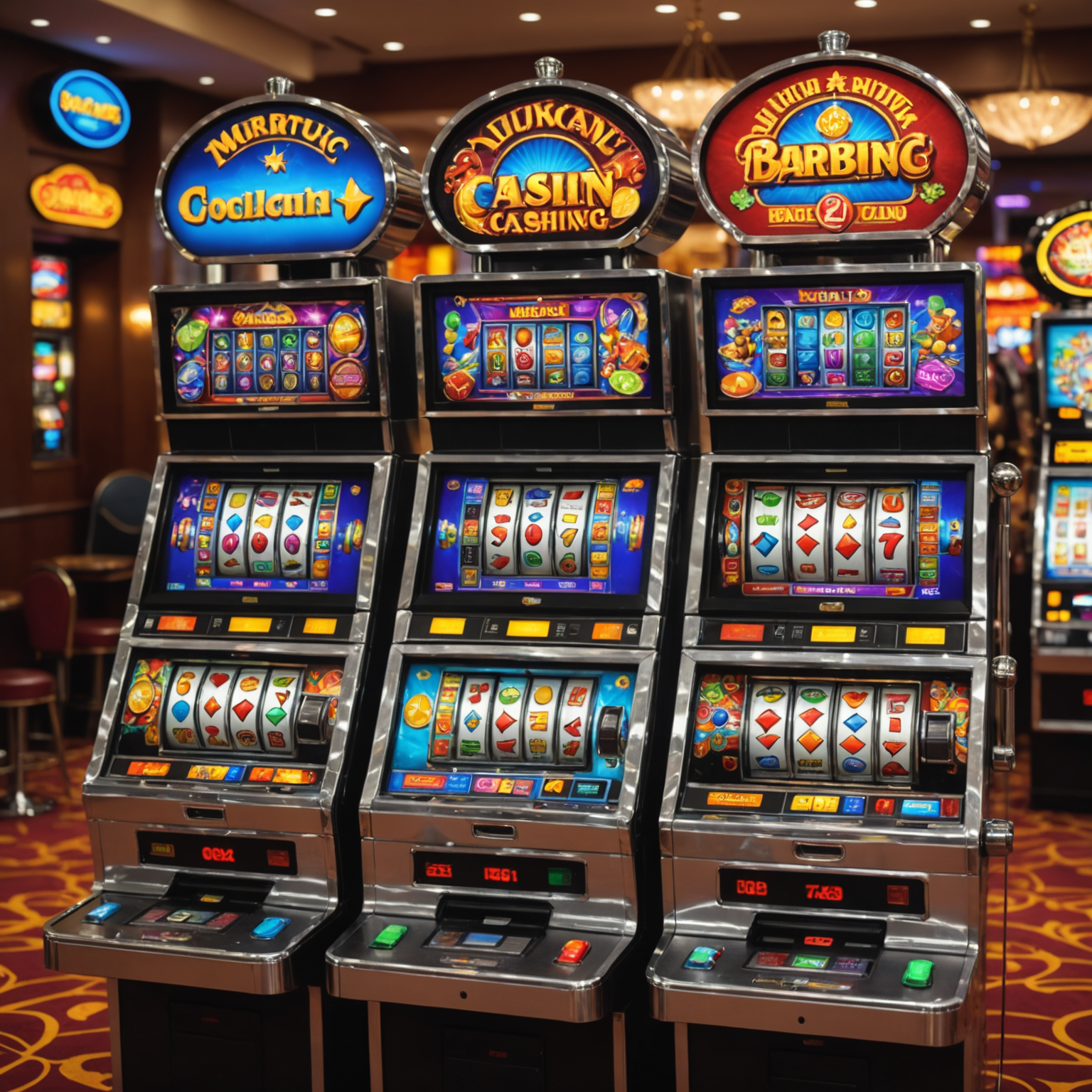 Five slot machines with colorful screens showing various social casino games, perfect for beginners