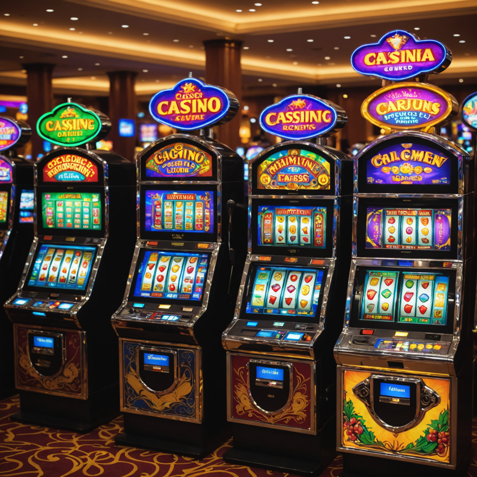 Five slot machines with colorful screens showing different casino games, perfect for beginners