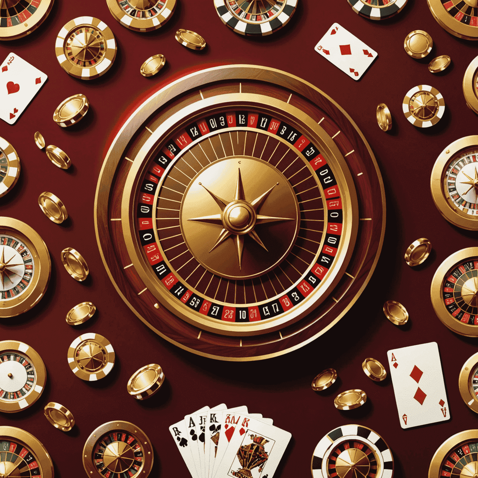 A stylized image of social casino games, showing slot machines, poker cards, and roulette wheels in gold and cream colors on a deep red background