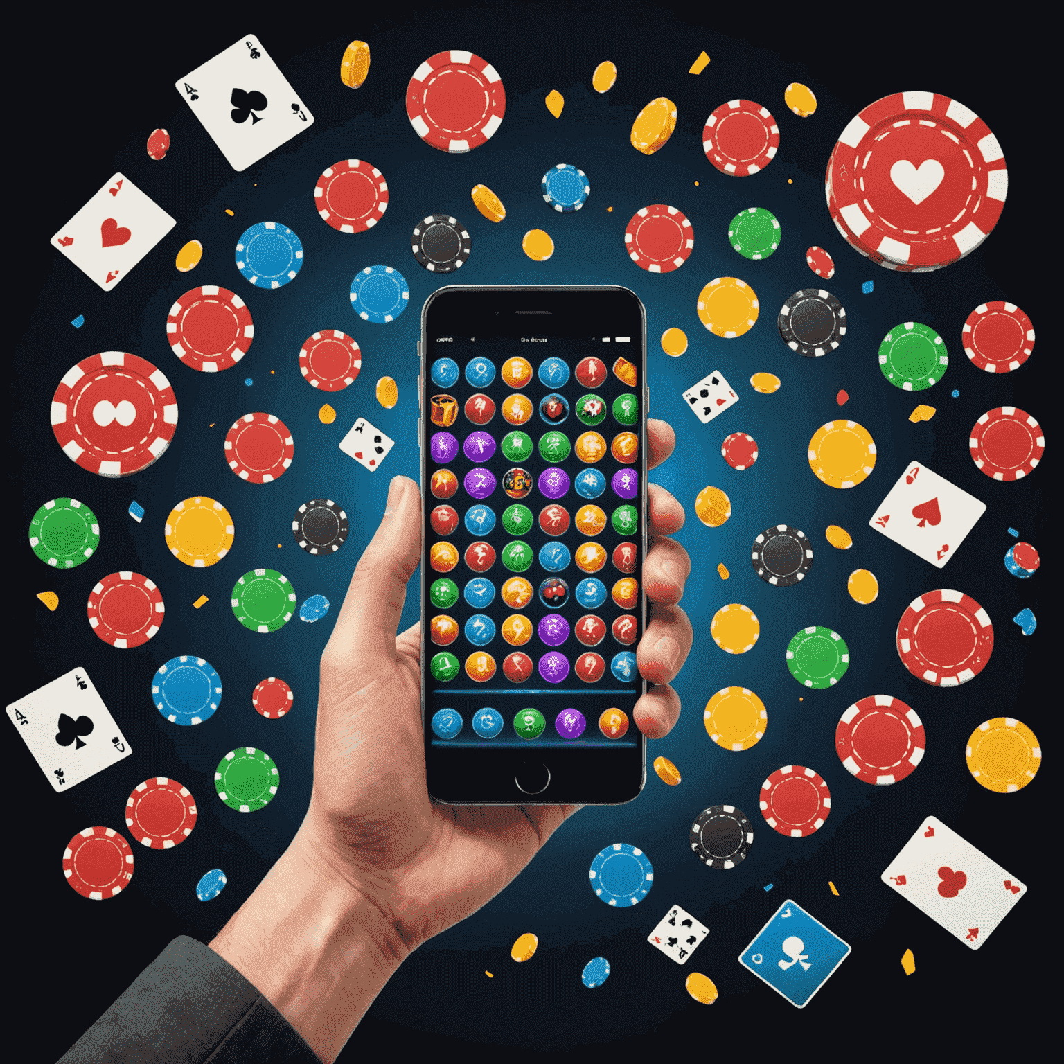 A hand holding a smartphone displaying various colorful social casino game icons, with casino chips and playing cards scattered around