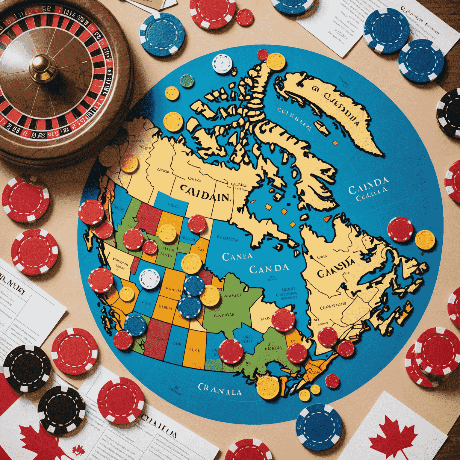 A map of Canada with casino chips and legal documents, representing social casino regulations