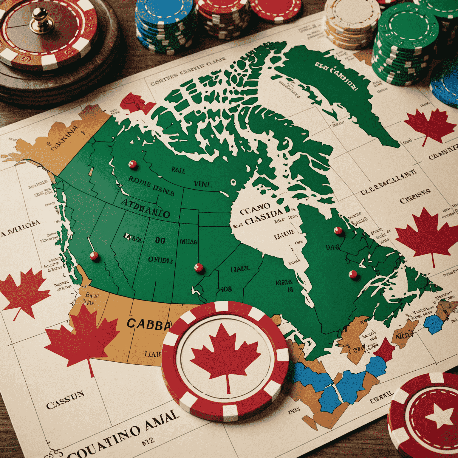 A map of Canada with casino chips and legal documents, representing social casino regulations