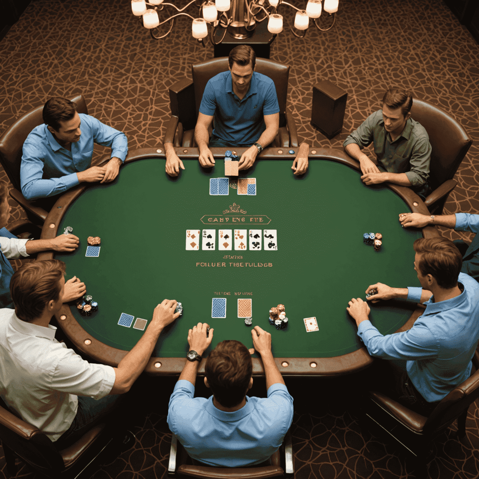 A screenshot of a Texas Hold'em poker game in progress, showing a virtual table with cards, chips, and player avatars
