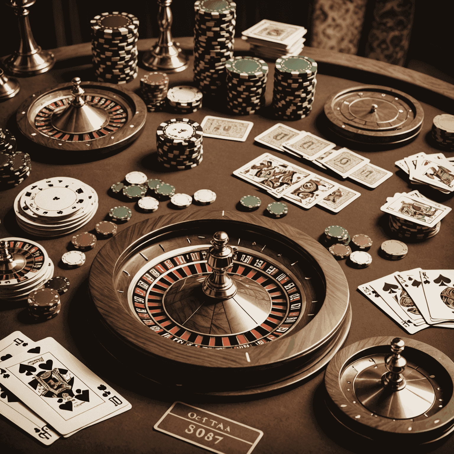 A collage of different social casino games including slots, poker, and roulette in a vintage sepia tone