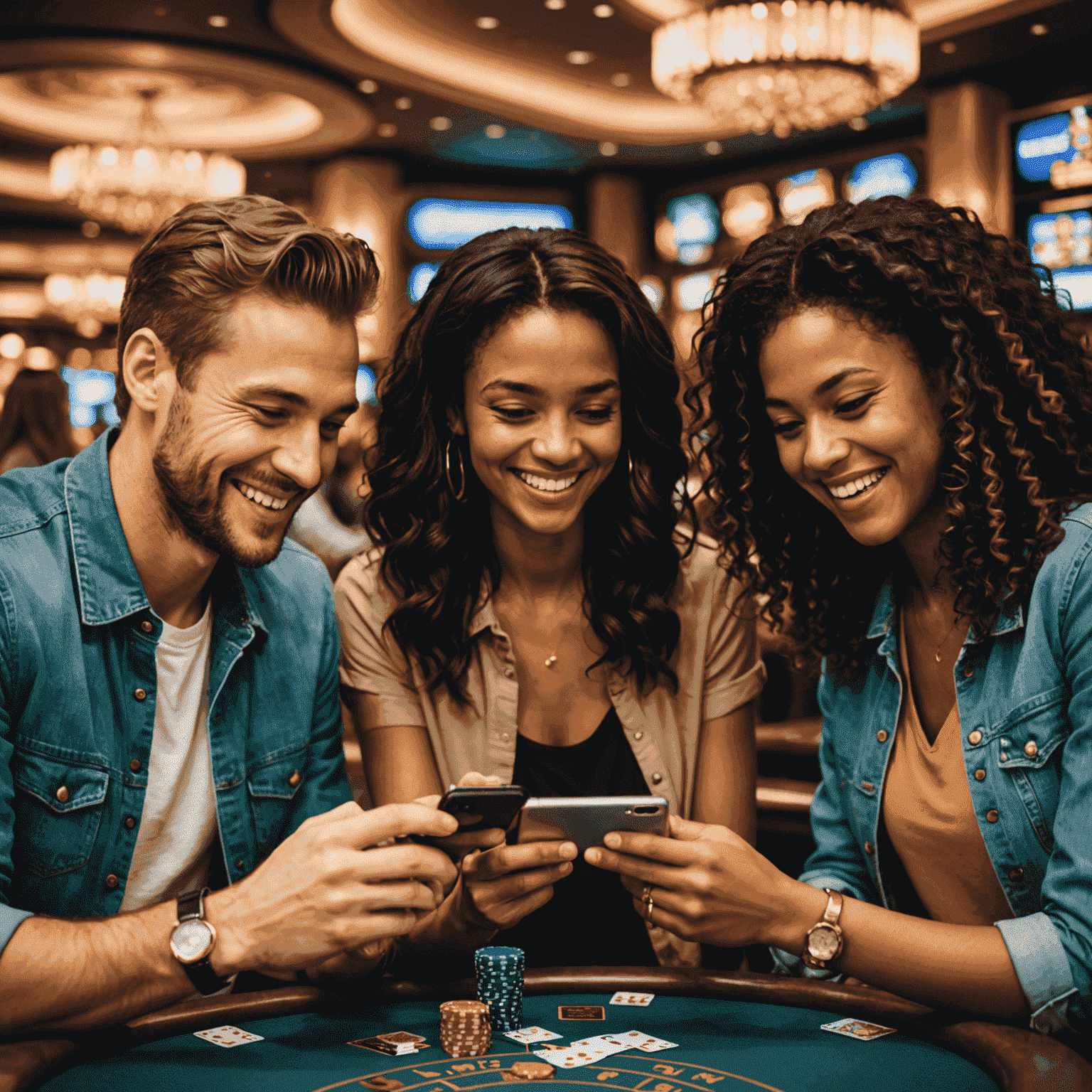 A group of diverse people smiling and interacting with their smartphones, showing social casino game screens