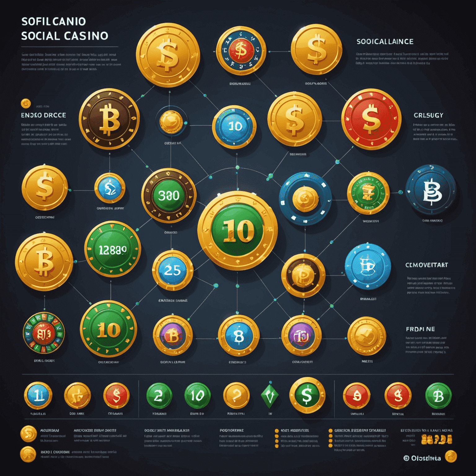 Infographic comparing social casino and real money gambling, showing icons for virtual currency, social features, and free games on one side, and real money, regulations, and age verification on the other