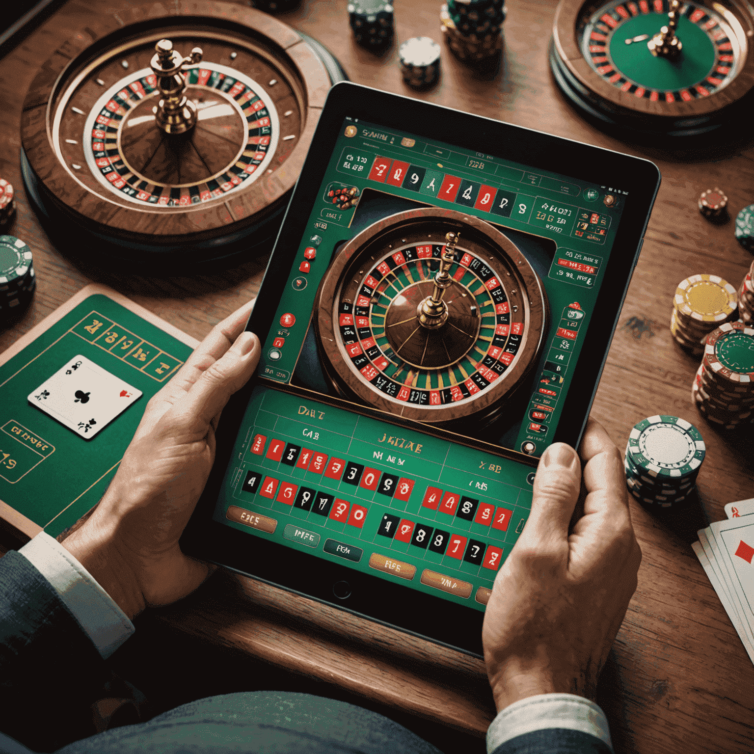 A person enjoying a tablet with social casino games, surrounded by strategy guides and timer