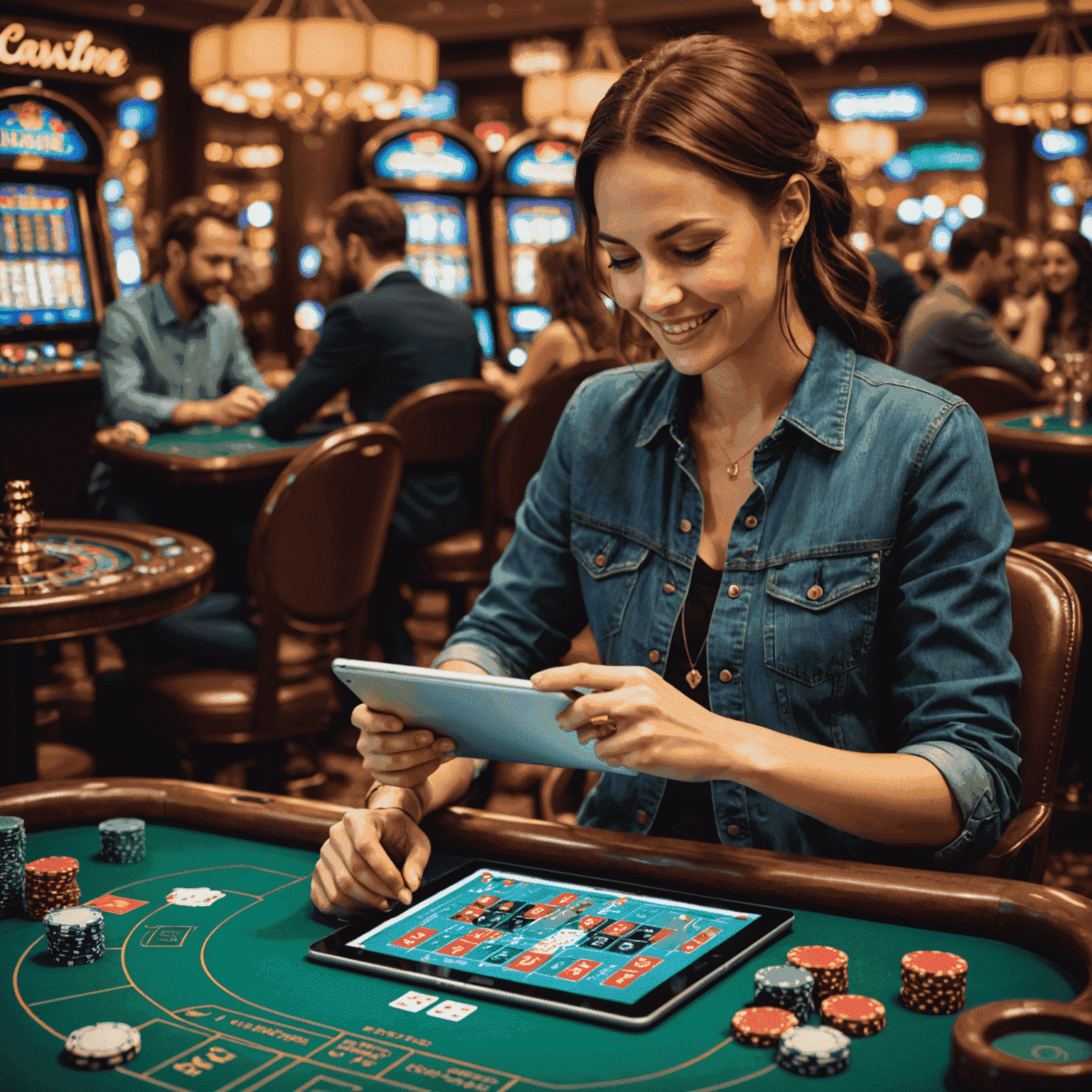 A person enjoying a tablet with social casino games, surrounded by strategy guides and tips