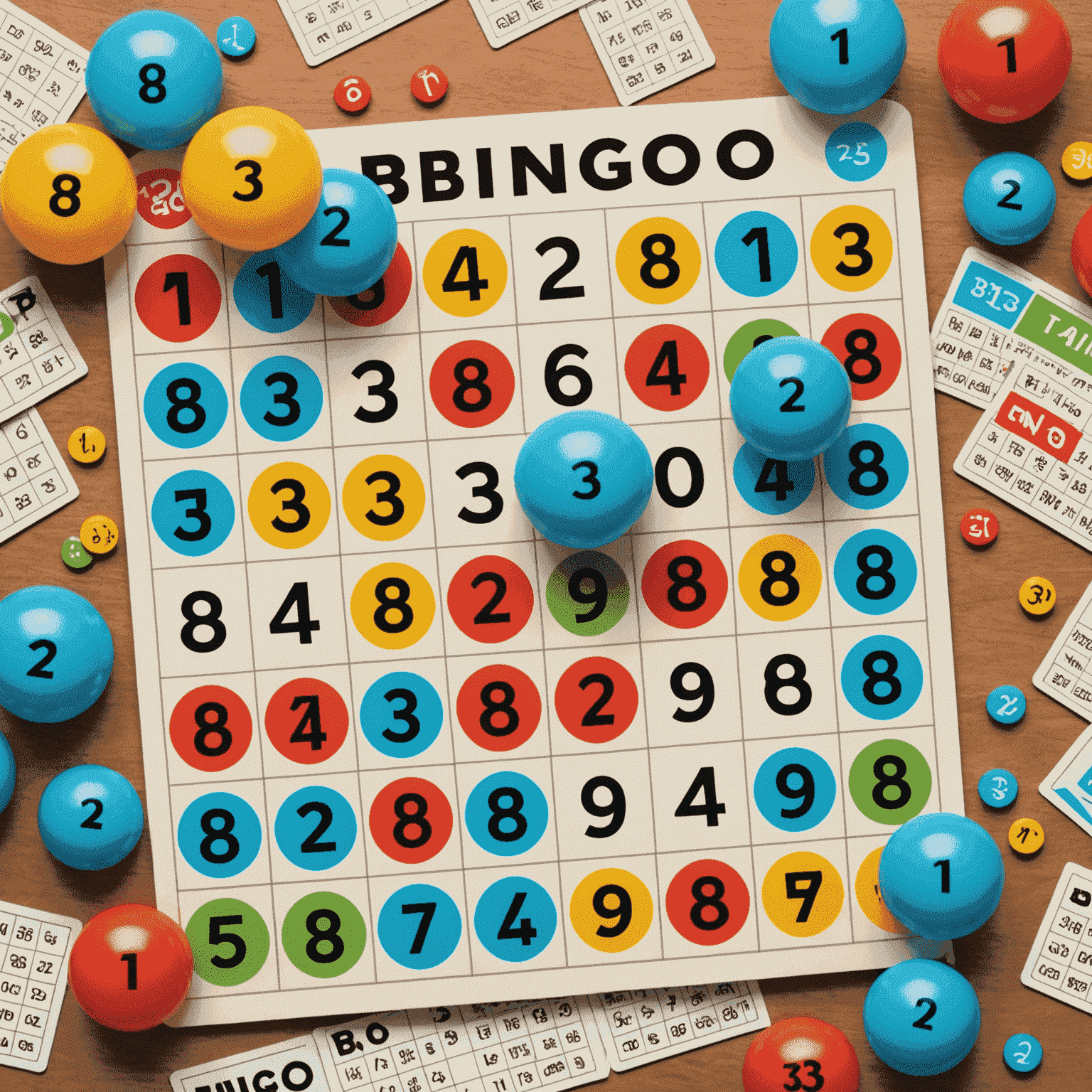 A vibrant bingo card with numbers being called out, surrounded by chat bubbles and celebratory graphics