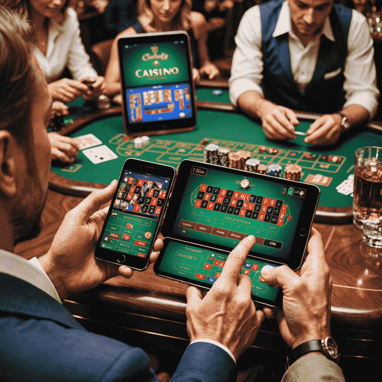 Various mobile devices displaying social casino apps, with people playing on the go
