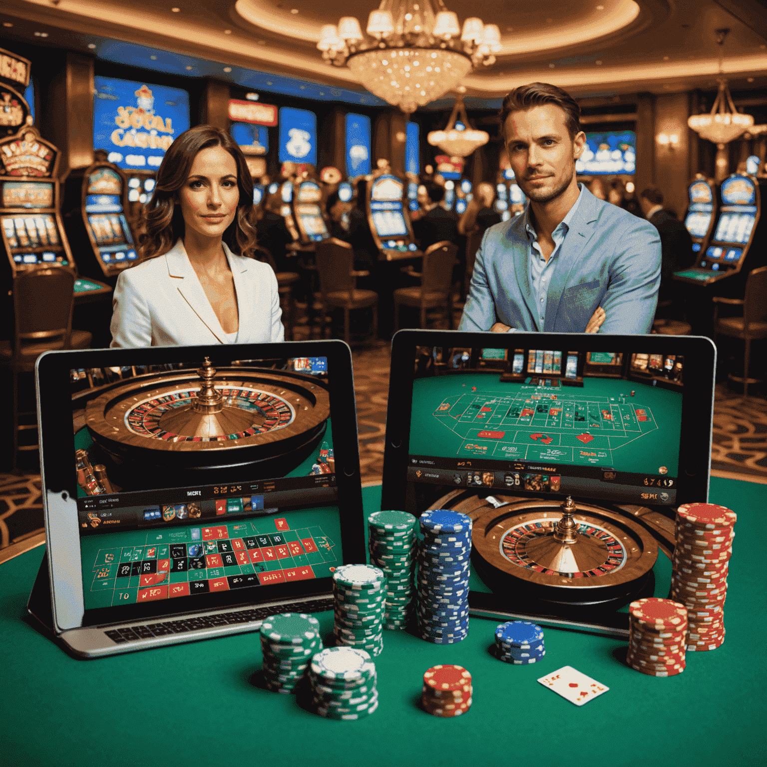 Split screen showing social casino games on one side and real money gambling on the other, highlighting differences