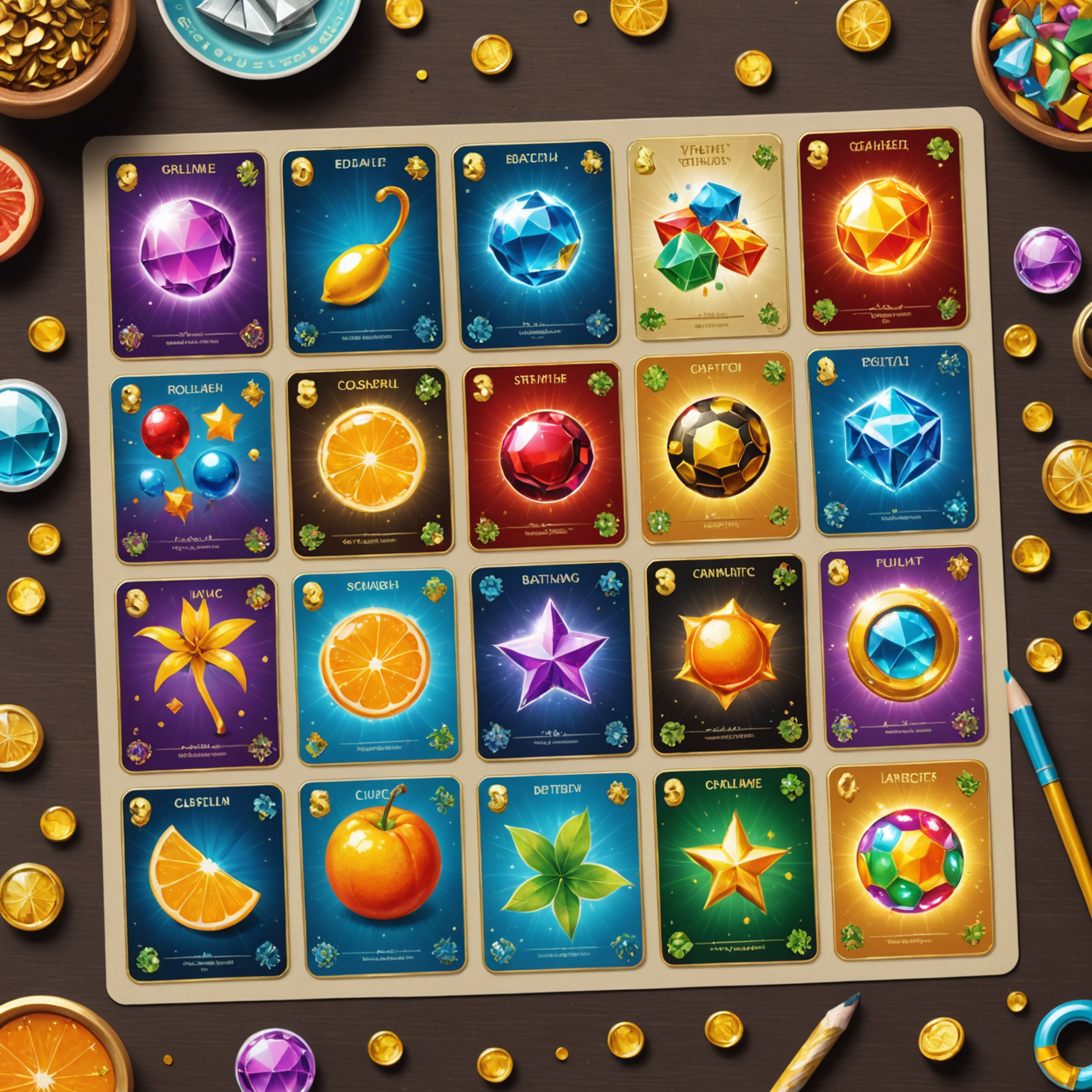 A collection of virtual scratch cards with glittering designs and revealed prizes